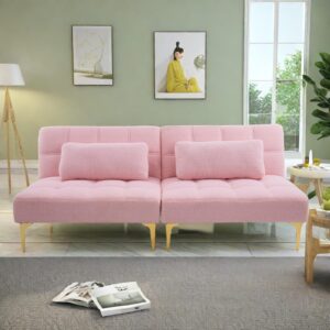 ChicFurnit Sofa Bed,Convertible Couch Bed with Three Backrest Adjustment Settings,71'' Teddy Fabric Upholstery Futon Sleeper Sofa with Gold Metal Tapered Leg Design for Living Room,Bedroom,Pink