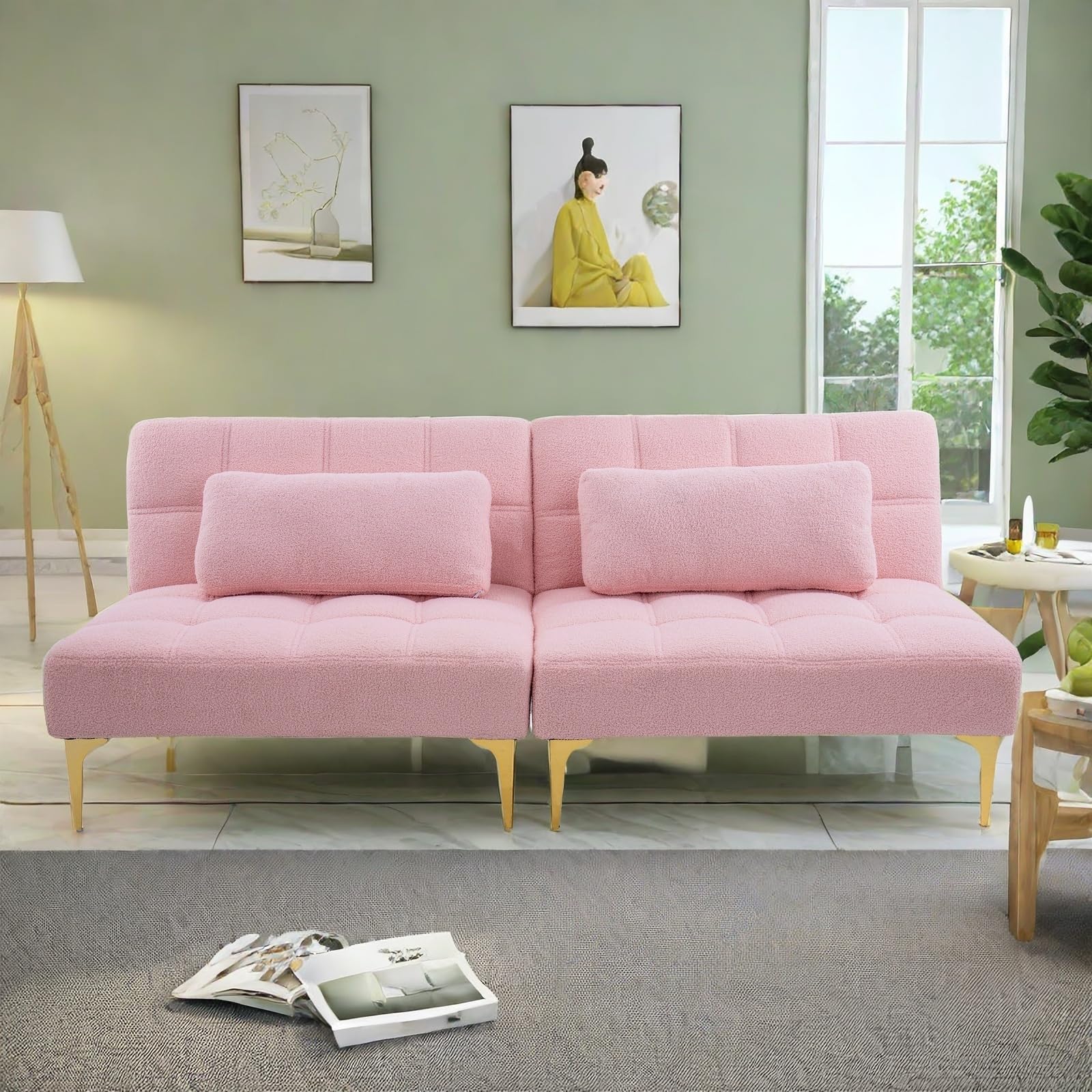 ChicFurnit Sofa Bed,Convertible Couch Bed with Three Backrest Adjustment Settings,71'' Teddy Fabric Upholstery Futon Sleeper Sofa with Gold Metal Tapered Leg Design for Living Room,Bedroom,Pink