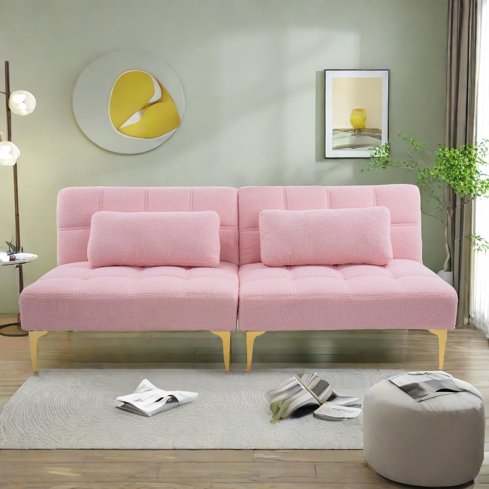 ChicFurnit Sofa Bed,Convertible Couch Bed with Three Backrest Adjustment Settings,71'' Teddy Fabric Upholstery Futon Sleeper Sofa with Gold Metal Tapered Leg Design for Living Room,Bedroom,Pink