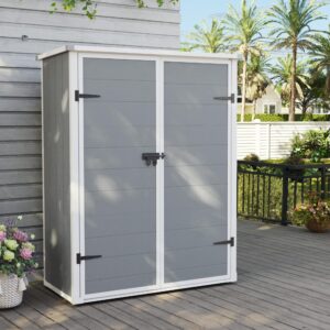 udpatio resin vertical lockable storage shed, 4.3 ft x 5.6 ft outdoor storage shed waterproof resin cabinet for garden, backyard, lawn, grey white