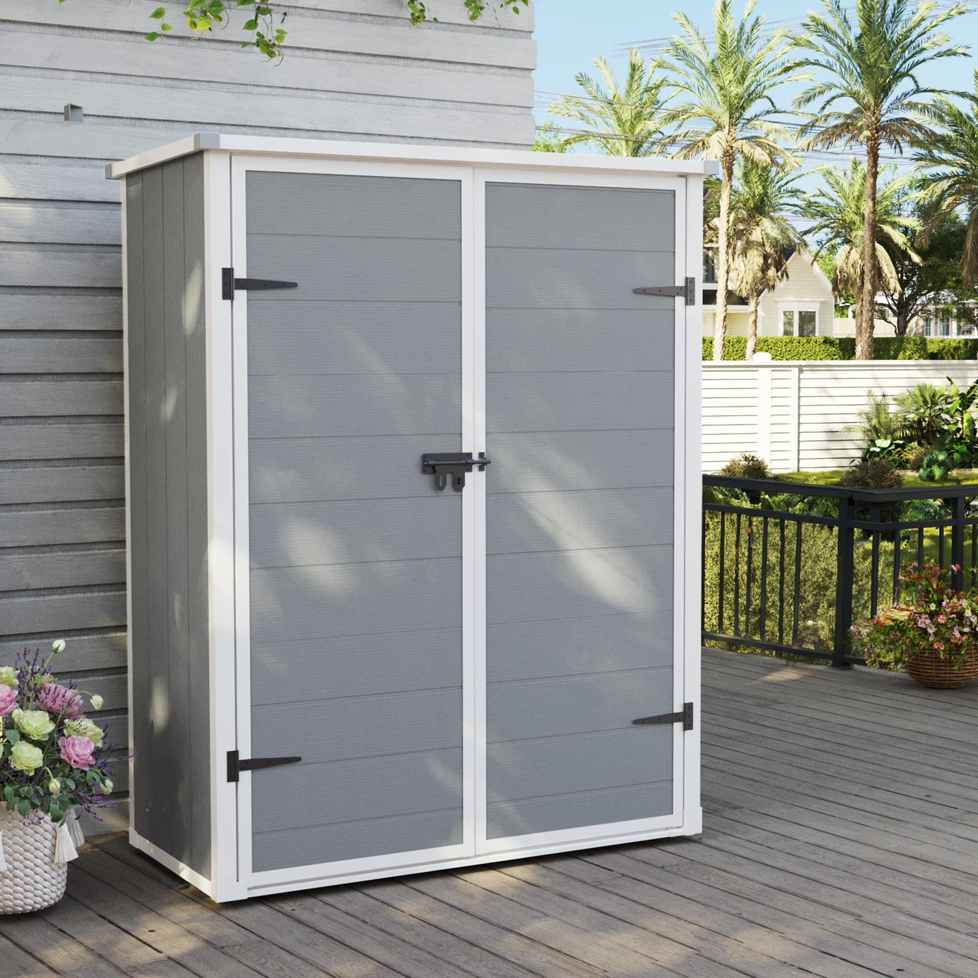 UDPATIO Resin Vertical Lockable Storage Shed, 4.3 ft x 5.6 ft Outdoor Storage Shed Waterproof Resin Cabinet for Garden, Backyard, Lawn, Grey White