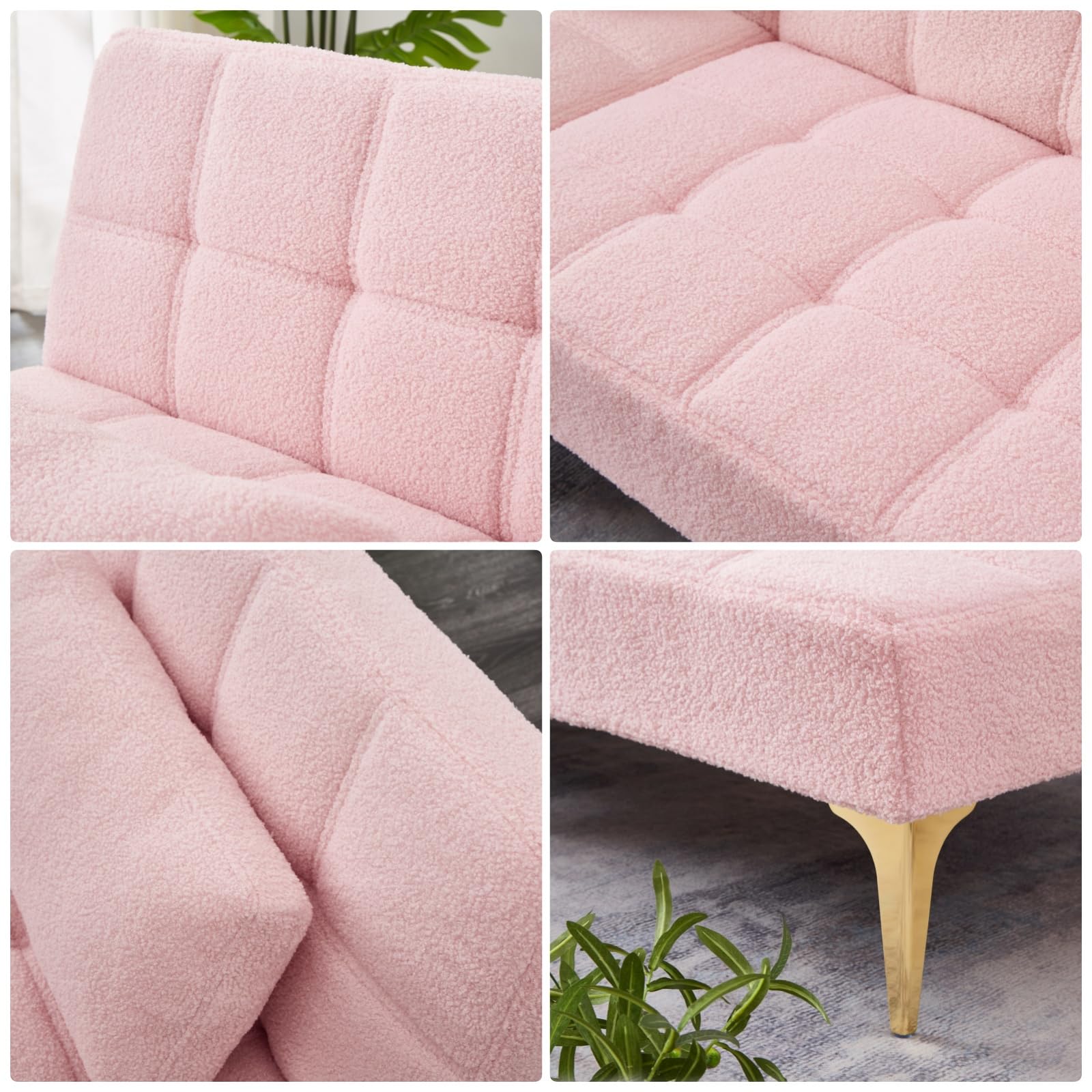 ChicFurnit Sofa Bed,Convertible Couch Bed with Three Backrest Adjustment Settings,71'' Teddy Fabric Upholstery Futon Sleeper Sofa with Gold Metal Tapered Leg Design for Living Room,Bedroom,Pink