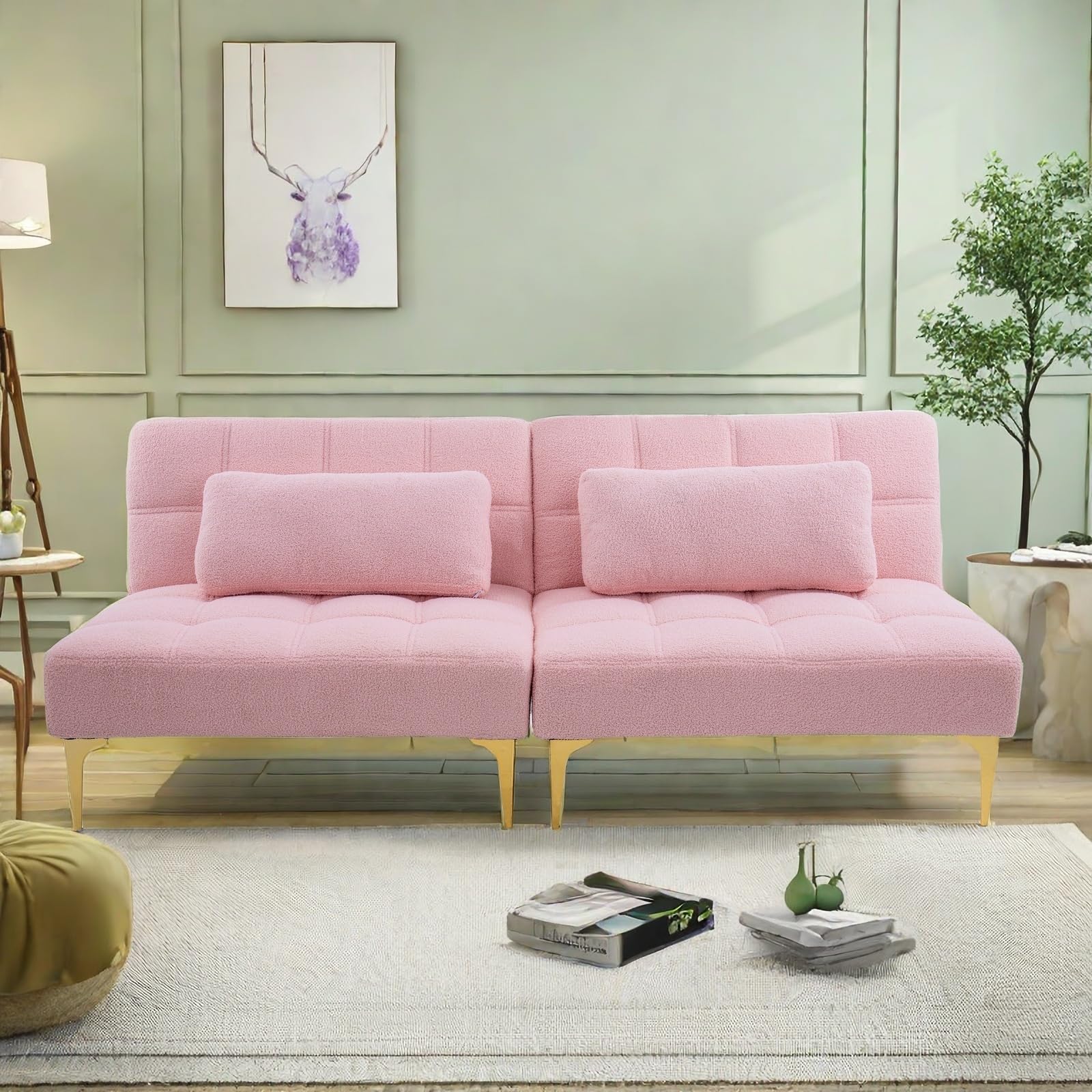 ChicFurnit Sofa Bed,Convertible Couch Bed with Three Backrest Adjustment Settings,71'' Teddy Fabric Upholstery Futon Sleeper Sofa with Gold Metal Tapered Leg Design for Living Room,Bedroom,Pink