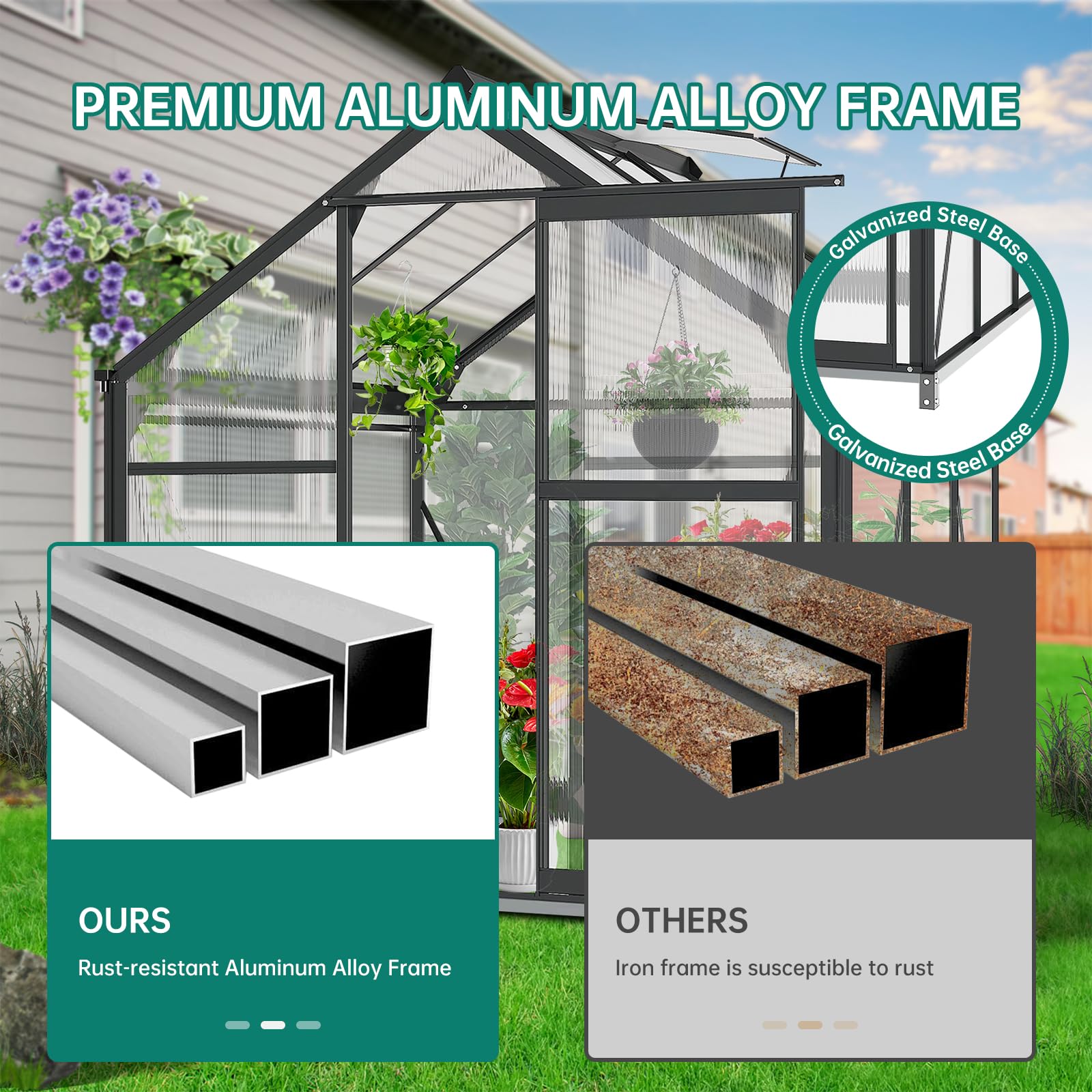 GarveeLife 6x8 FT Outdoor Greenhouse, Polycarbonate Green Houses for Outside, Heavy Duty Large Walk in Green House for Plants with Aluminum Frame, Roof Vent, Rain Gutters for Garden Backyard