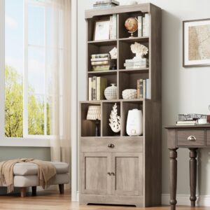 keyluv 80” tall bookcase with drawer and doors, grey bookshelf with adjustable cabinet, deep book shelf case with storage and 9 open cubes for living room/home office, wood gray wash