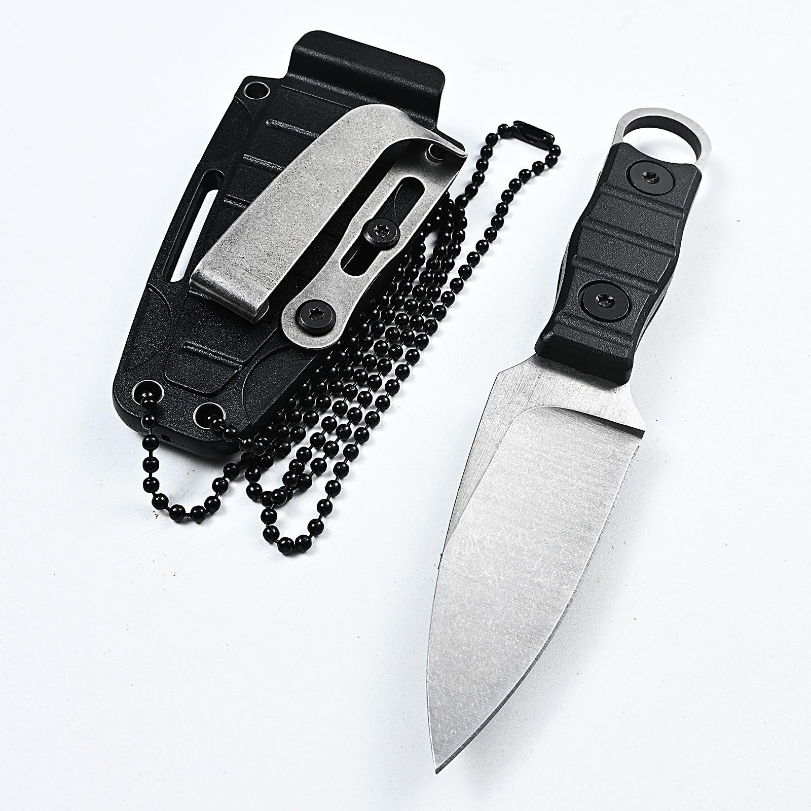 WILD TACTICAL Fixed Blade Survival Knife,Slivery Blade Full Tang w/Hardness Kydex Sheath, and Necklace easy Carry, Good for Camping Hiking Knife, Fishing Hunting edc MIN Knife