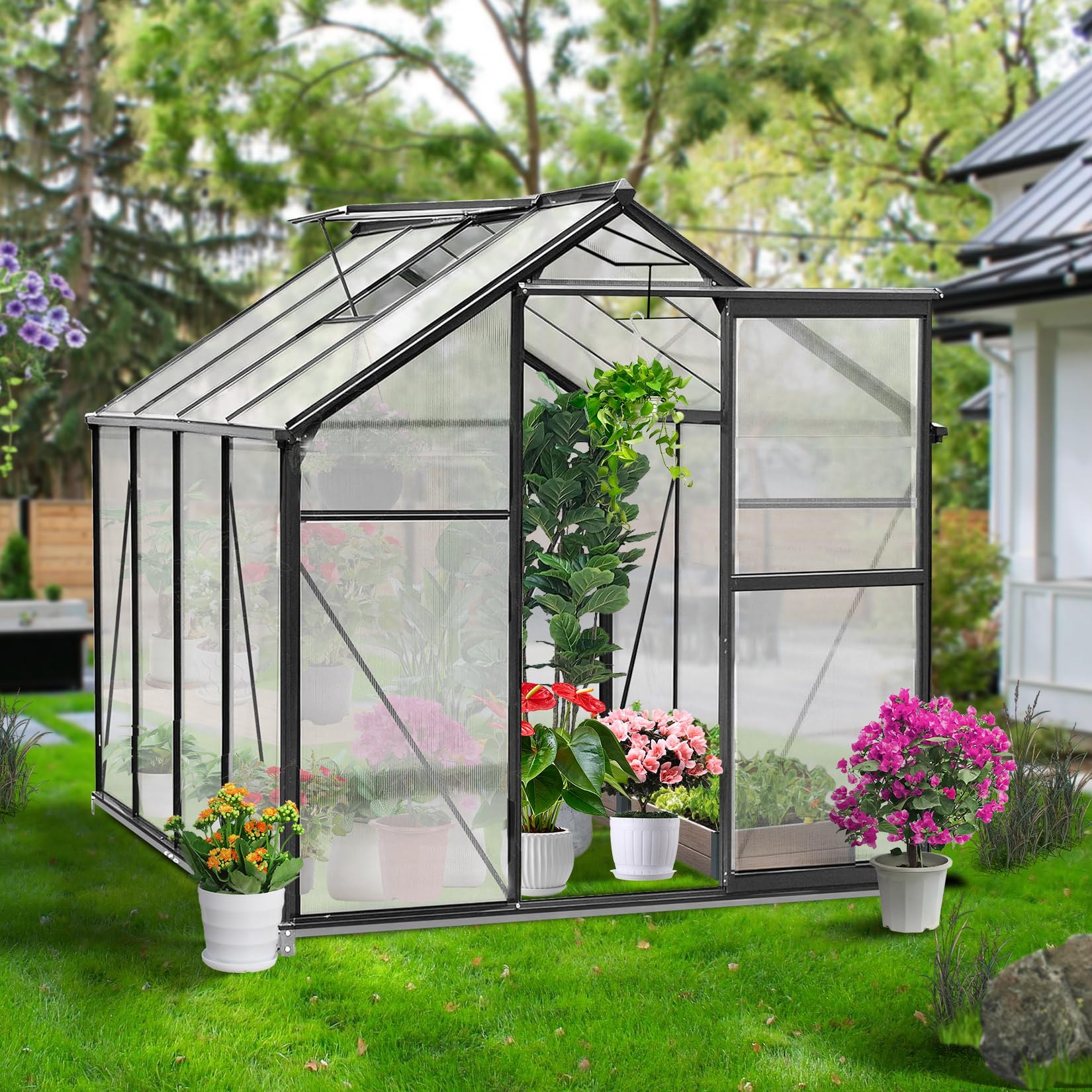 GarveeLife 6x8 FT Outdoor Greenhouse, Polycarbonate Green Houses for Outside, Heavy Duty Large Walk in Green House for Plants with Aluminum Frame, Roof Vent, Rain Gutters for Garden Backyard