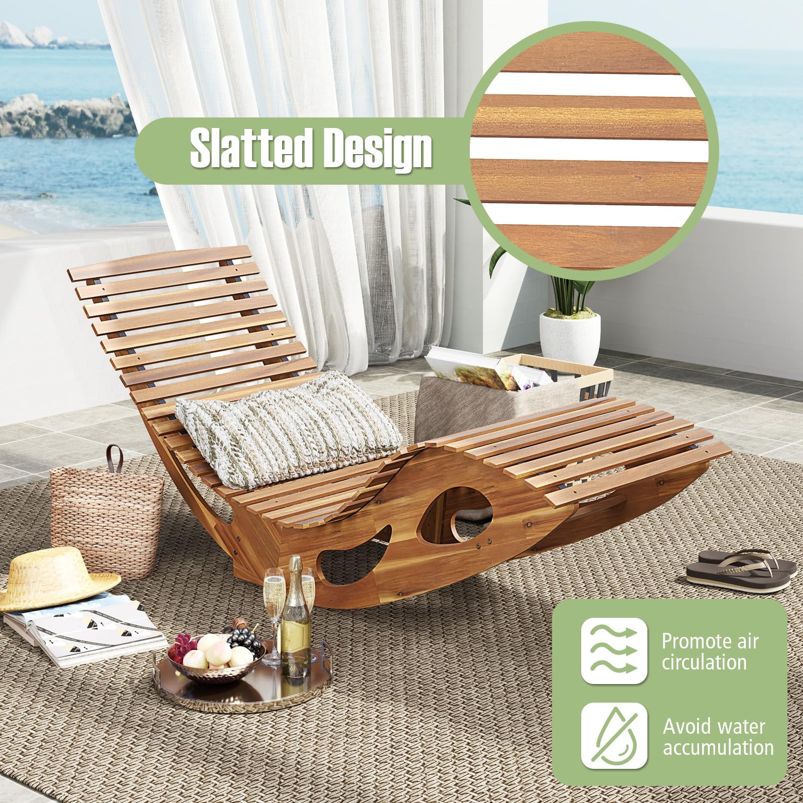 Tangkula Outdoor Chaise Lounge Chair, Acacia Wood Rocking Sun Lounger with Slatted Backrest and Seat, Wooden Rocker Lounge Chair for Patio, Garden and Poolside