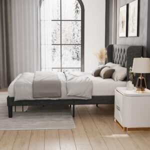 LINSY Full Size Bed Frame, Linen Upholstered Bed Frame with Headboard, Heavy Duty Platform Bed Full, NO Box Spring Needed, Noise-Free, Grey