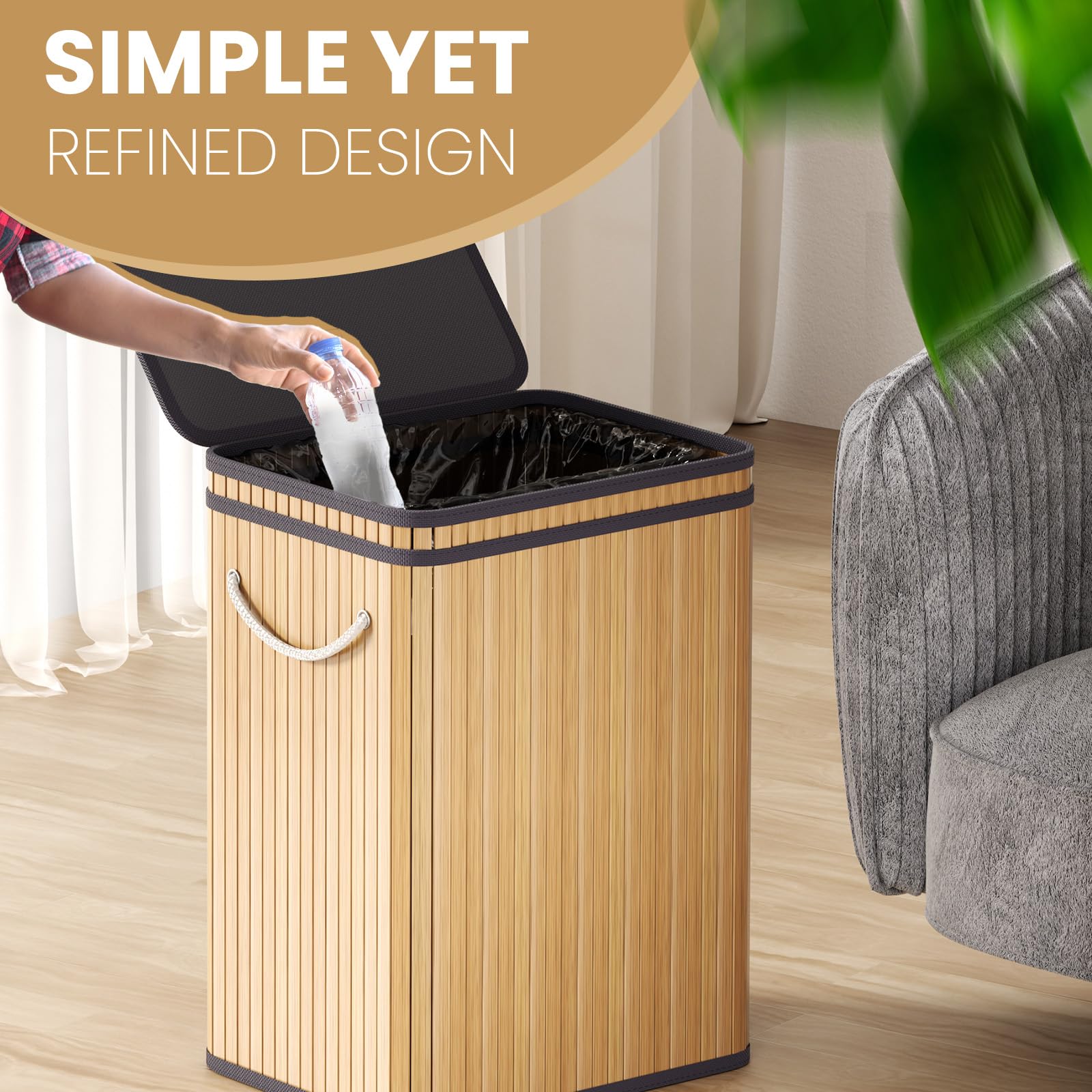 Mihoho 80 Liter/21 Gallon Large Trash Can with Lid, Garbage Bin Wastebasket Made of Bamboo, Outdoor Garbage Can/Waste Bin for Home, Office, Bathroom, Kitchen 24" HX15.8 WX11.8 D (Beech)