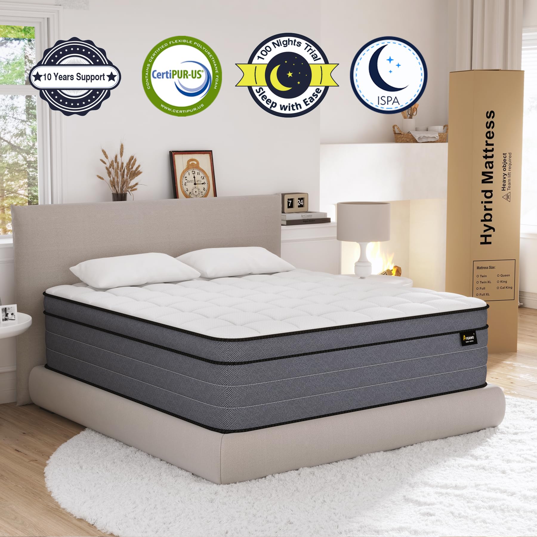 Ayeawo Firm King Size Mattress, 12 Inch Hybrid Mattress King Size with Gel Memory Foam and Pocket Springs, King Mattress in a Box, Pressure Relief & Upgraded Support, Breathable & Cooling Farbic