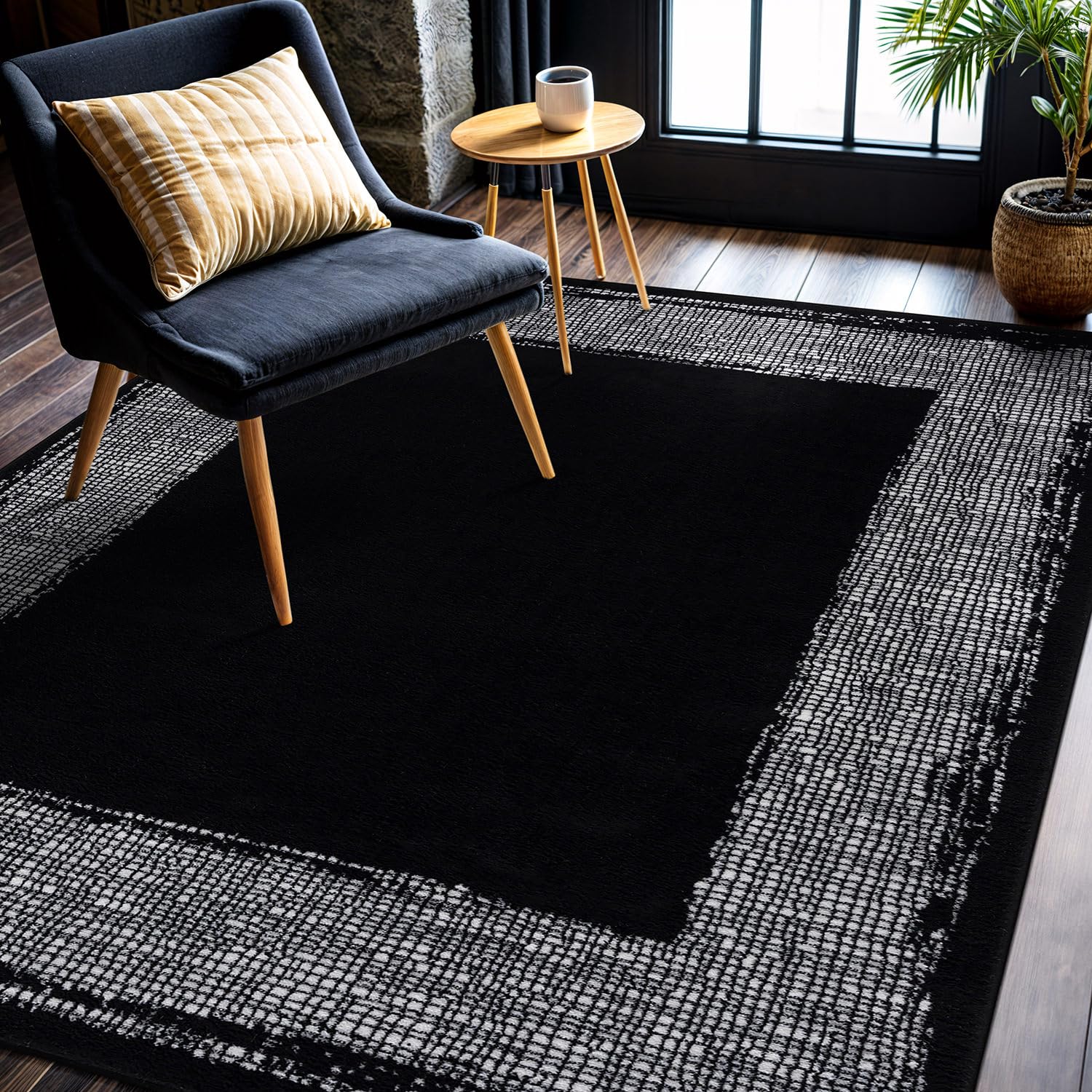 CAMILSON Modern Area Rug 5x7 Black Rugs Solid Color Bordered Design for Living Room Bedroom Easy-Cleaning Non-Shedding Indoor Carpet Alfombras para Salas Modernas (5 x 7 Black and Cream)