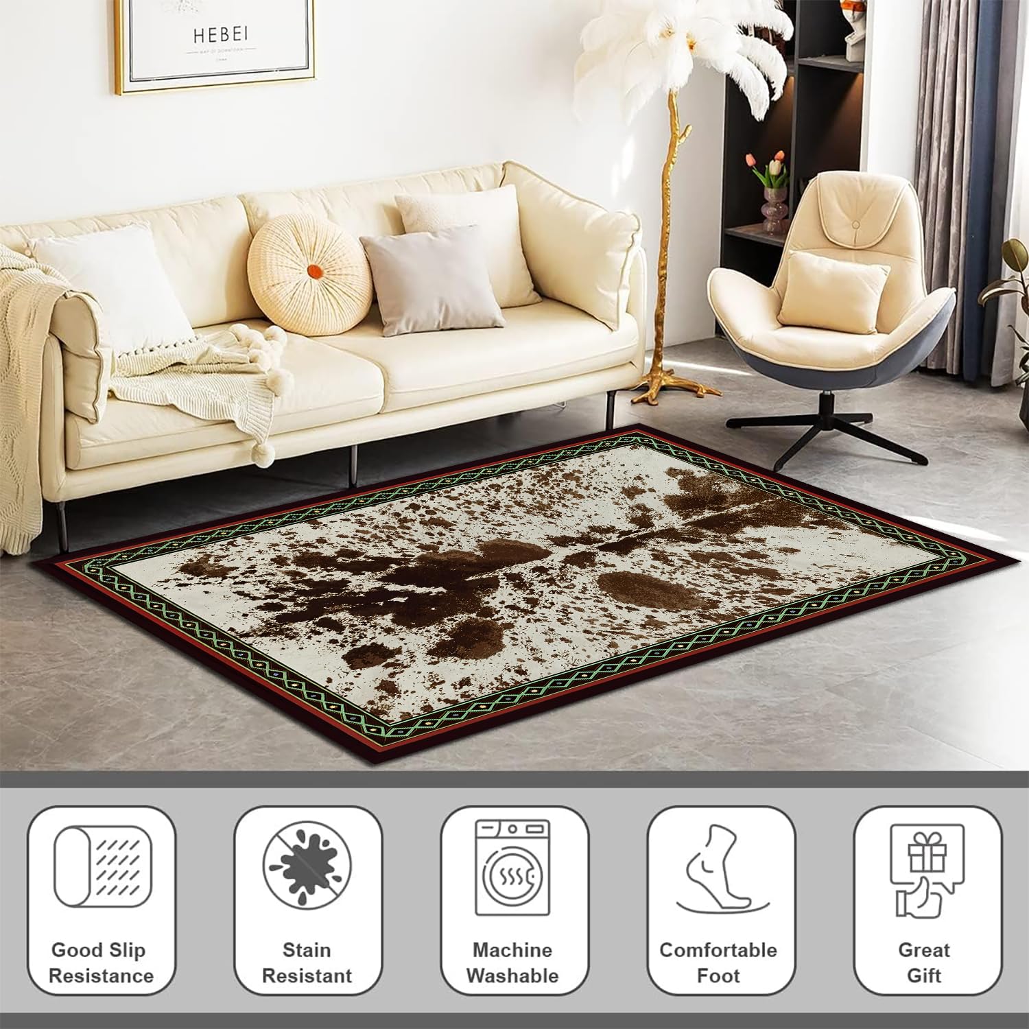 Western Cowhide Rugs for Living Room, Classic Style Decorative Cowhide Rugs, Full Sizes 3x5, 5x6, 5x7, 6x9 ft, Washable Area Rugs, Non-Slip Low Pile Carpet, Ultra Soft Rug for Indoor Use 04