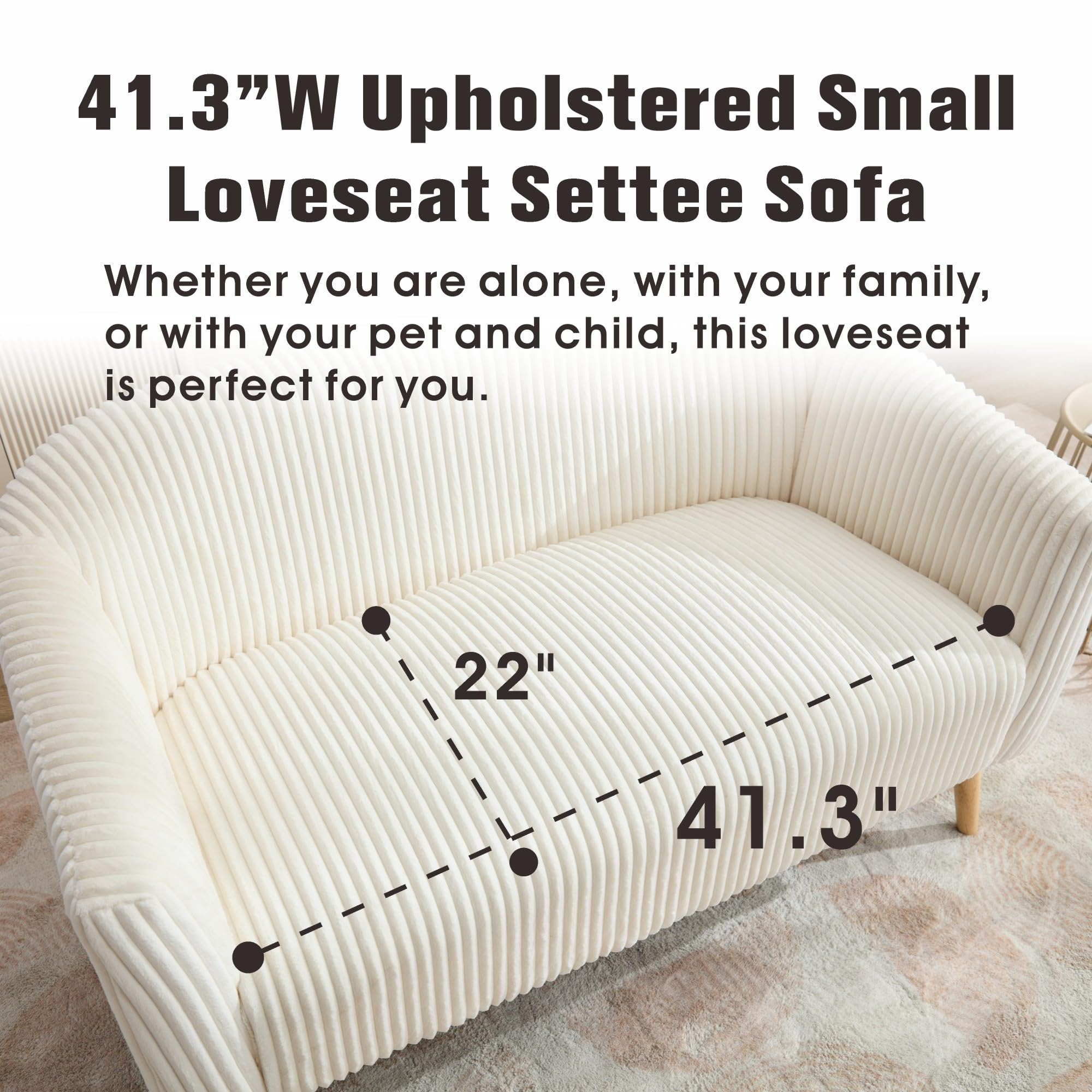 Sinzho & Wiyfun 50.8" W Upholstered Small Loveseat Sofa 2-Seat Couch Settee Love Seat with Solid Wooden Legs for Small Space Mini Room, Corduroy Fabric, Ivory