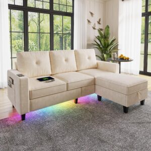 HNEBC Convertible Sectional Sofa Couch with LED Lights, Modern L Shaped Couch with Charging Station, Reversible Sectional Couches with Storage Ottoman for Living Room/Bedroom/Office(Beige)