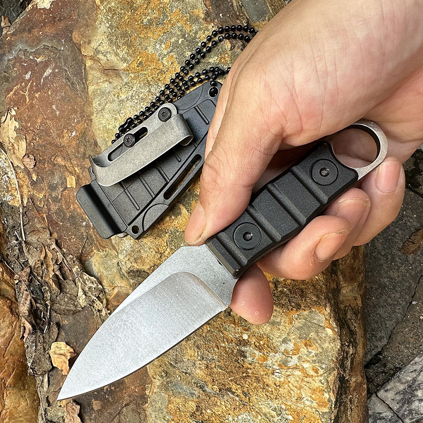 WILD TACTICAL Fixed Blade Survival Knife,Slivery Blade Full Tang w/Hardness Kydex Sheath, and Necklace easy Carry, Good for Camping Hiking Knife, Fishing Hunting edc MIN Knife