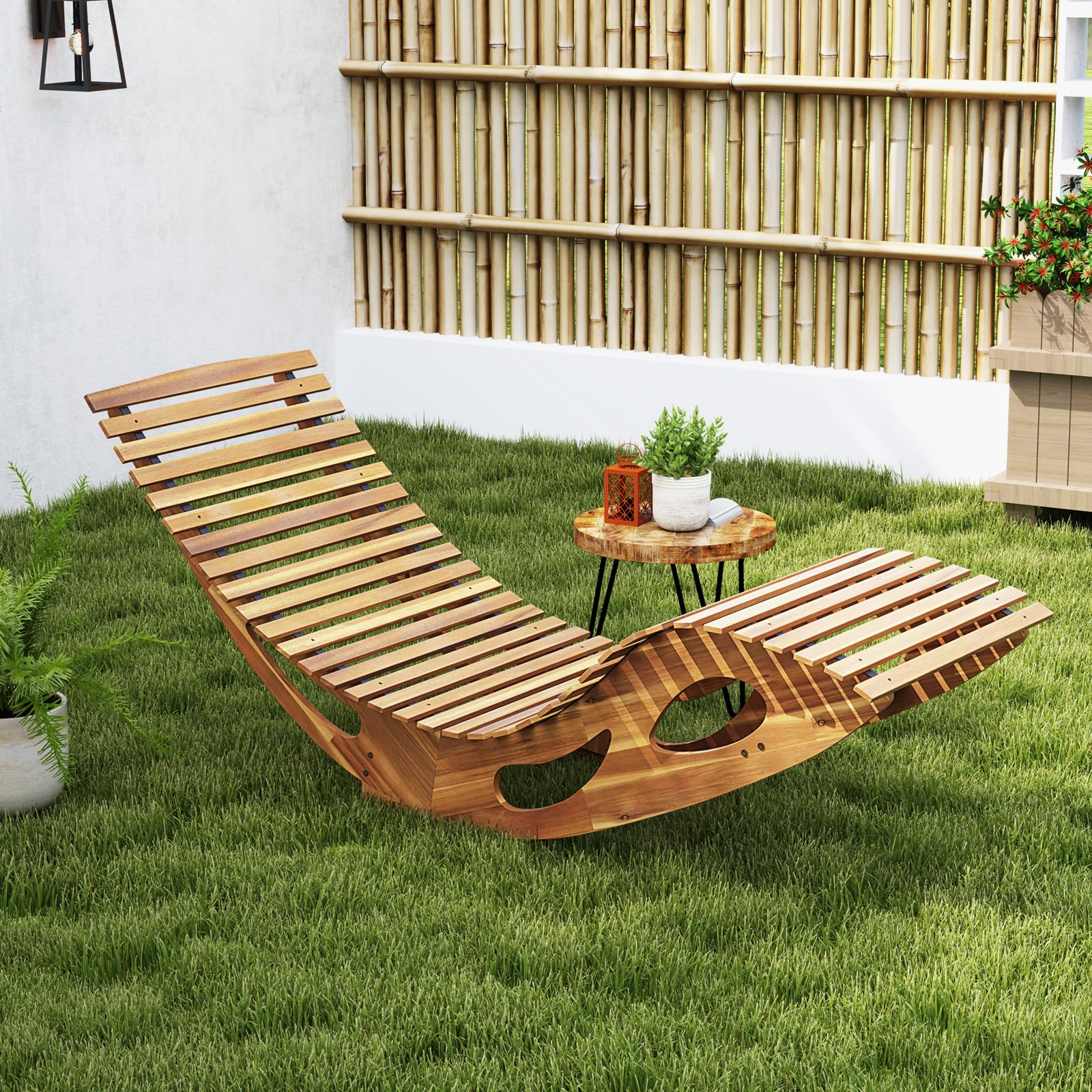 Tangkula Outdoor Chaise Lounge Chair, Acacia Wood Rocking Sun Lounger with Slatted Backrest and Seat, Wooden Rocker Lounge Chair for Patio, Garden and Poolside