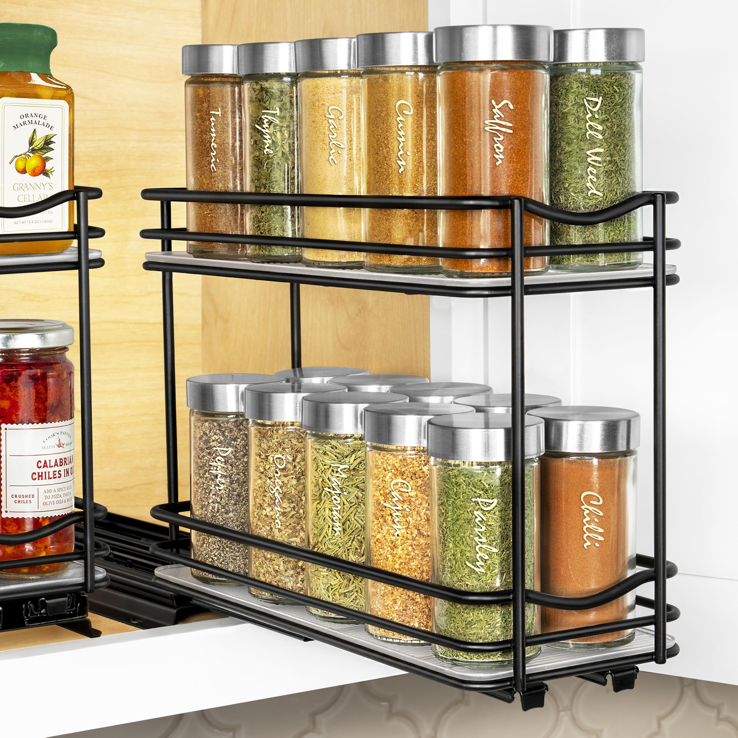 LYNK PROFESSIONAL® Pull Out Spice Rack Organizer for Inside Kitchen Cabinets - 4-1/4 inch Wide - Slide Out Drawer – Black Sliding Spice Cabinet Organization Shelf Racks - 2 Tier