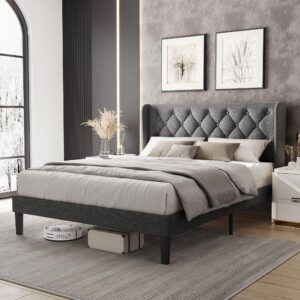 linsy full size bed frame, linen upholstered bed frame with headboard, heavy duty platform bed full, no box spring needed, noise-free, grey