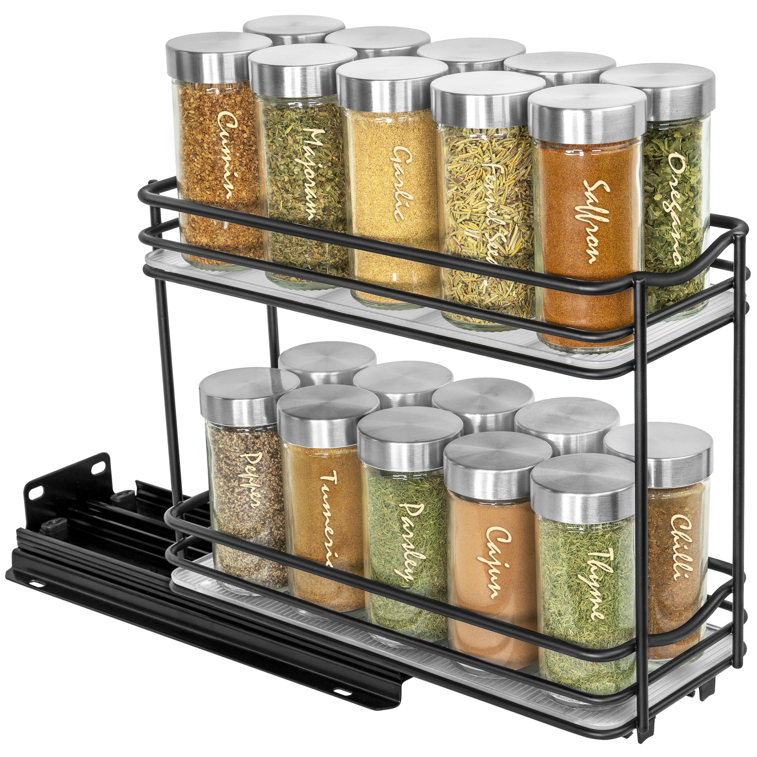 LYNK PROFESSIONAL® Pull Out Spice Rack Organizer for Inside Kitchen Cabinets - 4-1/4 inch Wide - Slide Out Drawer – Black Sliding Spice Cabinet Organization Shelf Racks - 2 Tier