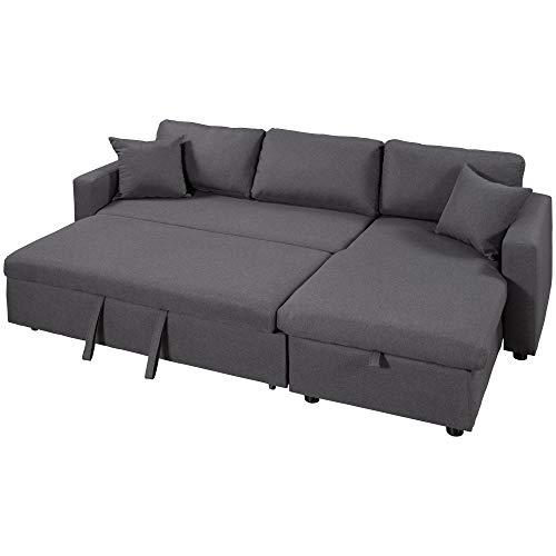 Ball & Cast 87" L Shape Sectional Convertible Sofa with Pull Out Bed,Modular Reversible Sleeper Couch W/Storage Chaise & 2 Tossing Cushion,Space Saving,for Small Livingroom Aparment Office,Dark Gray