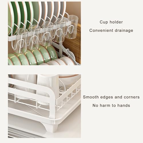 LEAQU Dish Drying Rack,2-Tier Metal Dish Drying Rack with Drain Board, Anti-Rust No Installation Dish Drainer with Utensil Holder,Kitchen Organizer for Dishes, Spoons and Forks White