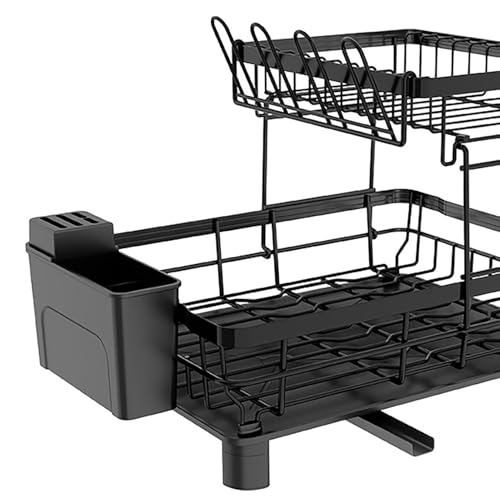 LEAQU Dish Drying Rack,2-Tier Dish Rack for Kitchen Counter, Metal Dish Drainer with DrainBoard,Utensil Holder,Anti-Rust Sink Drying Dish Strainer Rack for Kitchen Black