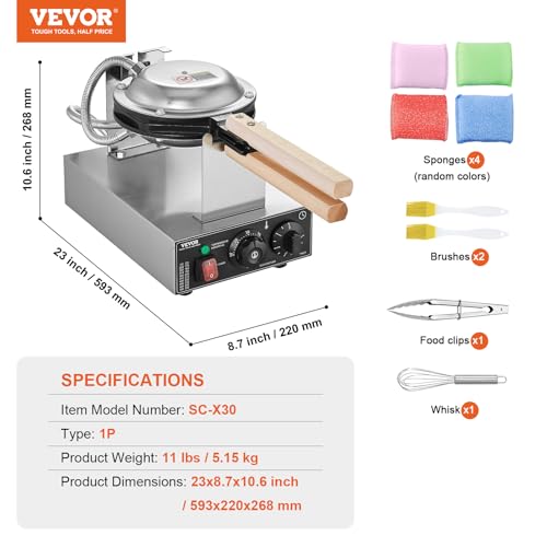 VEVOR Commercial Bubble Waffle Maker, 1400W Egg Pancake Baker Machine, Non-Stick Stainless Steel Egg Bubble Puff, 180° Rotatable, Temp and Time Control, Wooden Handle, for Restaurant Bakery Snack Bar