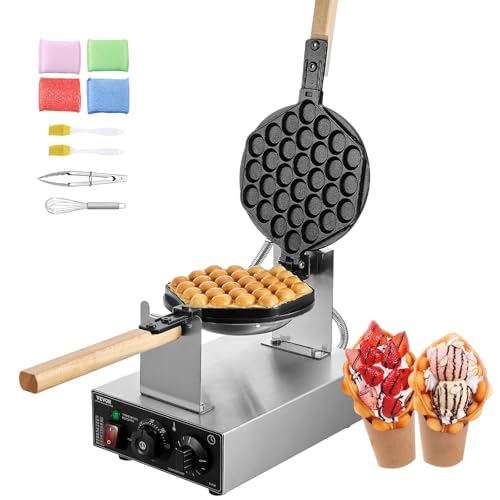 VEVOR Commercial Bubble Waffle Maker, 1400W Egg Pancake Baker Machine, Non-Stick Stainless Steel Egg Bubble Puff, 180° Rotatable, Temp and Time Control, Wooden Handle, for Restaurant Bakery Snack Bar