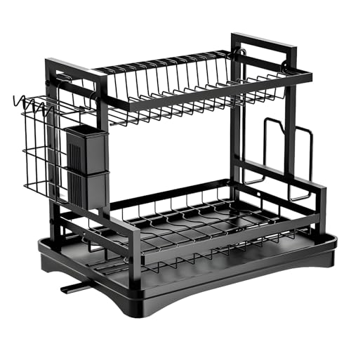 LEAQU Dish Drying Rack,Dish Rack for Kitchen Counter,2-Tier Carbon Steel Dish Drainer with Drainboard and Utensil Holder, Sink Dish Drainer Kitchen Organizers and Storage Rack for Dishes,Spoons Black