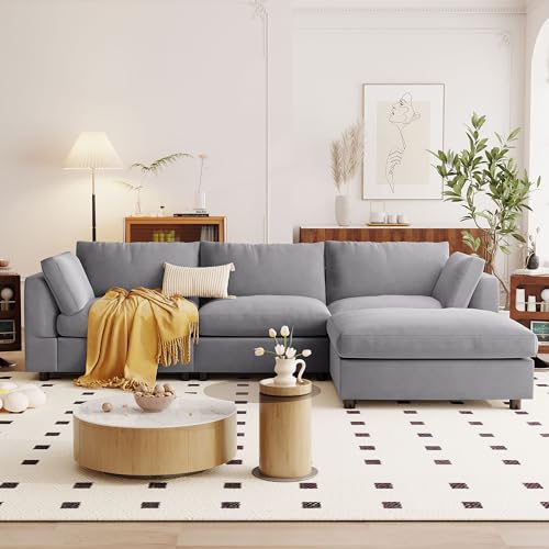 Ball & Cast 113" Modern Upholstery Convertible Sectional Sofa with Adjustable Footrest,Cozy Reversible Chaise Couch W/Sloped Armrest,Deep Seat Design,Modular Furniture for Livingroom Home,Gray