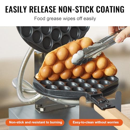 VEVOR Commercial Bubble Waffle Maker, 1400W Egg Pancake Baker Machine, Non-Stick Stainless Steel Egg Bubble Puff, 180° Rotatable, Temp and Time Control, Wooden Handle, for Restaurant Bakery Snack Bar