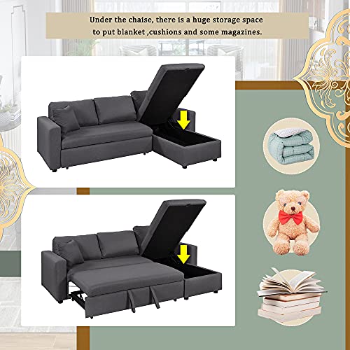 Ball & Cast 87" L Shape Sectional Convertible Sofa with Pull Out Bed,Modular Reversible Sleeper Couch W/Storage Chaise & 2 Tossing Cushion,Space Saving,for Small Livingroom Aparment Office,Dark Gray