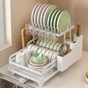 LEAQU Dish Drying Rack,2-Tier Metal Dish Drying Rack with Drain Board, Anti-Rust No Installation Dish Drainer with Utensil Holder,Kitchen Organizer for Dishes, Spoons and Forks White