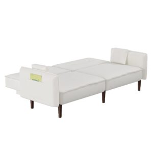 LUSPAZ Convertible Sofa Bed with Wood Legs, Linen Fabric Futon Couch for Live Room,White