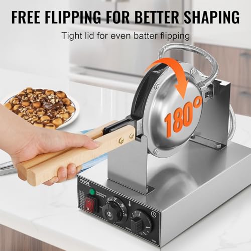 VEVOR Commercial Bubble Waffle Maker, 1400W Egg Pancake Baker Machine, Non-Stick Stainless Steel Egg Bubble Puff, 180° Rotatable, Temp and Time Control, Wooden Handle, for Restaurant Bakery Snack Bar