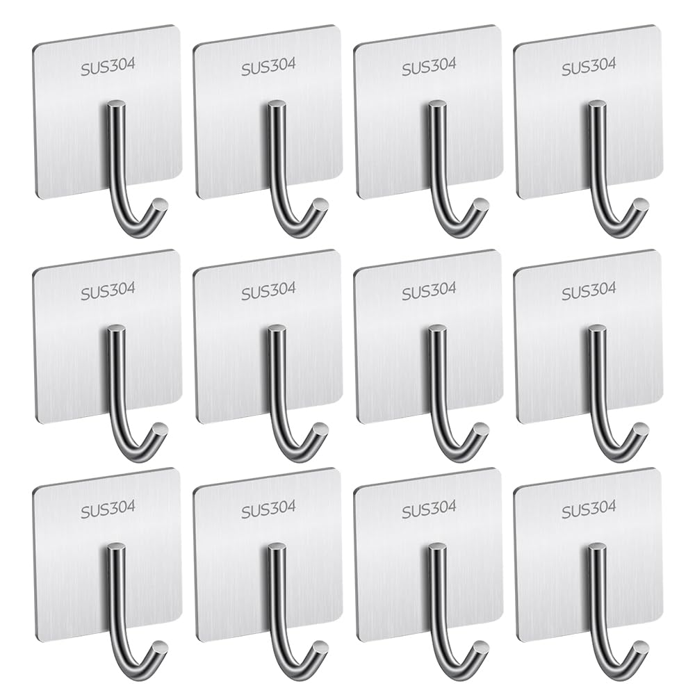 jitaty Wall Hooks for Hanging,Stainless Steel Towel Hooks for Bathrooms Kitchen,Adhesive Hooks for Walls No Damage,Waterproof Shower Hooks for Inside,Heavy Duty Shower Coat Hook (A-12PC)