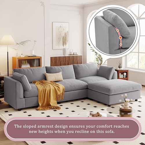 Ball & Cast 113" Modern Upholstery Convertible Sectional Sofa with Adjustable Footrest,Cozy Reversible Chaise Couch W/Sloped Armrest,Deep Seat Design,Modular Furniture for Livingroom Home,Gray