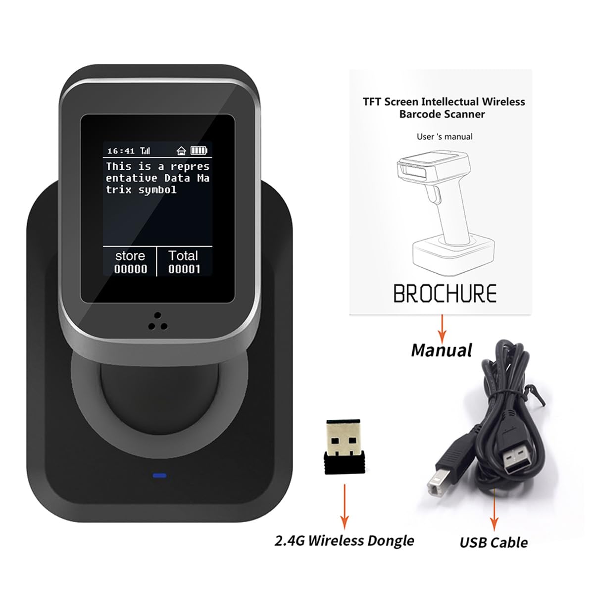 2D QR Bluetooth Barcode Scanner with Screen Display with Charging Base,3 in 1 Compatible with Bluetooth & 2.4GHz Wireless & Wired Connection with 1.8 inch TFT Color LCD Screen