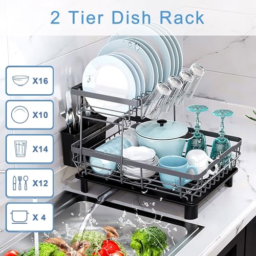 LEAQU Dish Drying Rack,2-Tier Dish Rack for Kitchen Counter, Metal Dish Drainer with DrainBoard,Utensil Holder,Anti-Rust Sink Drying Dish Strainer Rack for Kitchen Black