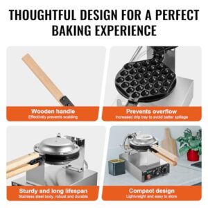 VEVOR Commercial Bubble Waffle Maker, 1400W Egg Pancake Baker Machine, Non-Stick Stainless Steel Egg Bubble Puff, 180° Rotatable, Temp and Time Control, Wooden Handle, for Restaurant Bakery Snack Bar