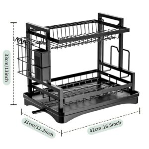 LEAQU Dish Drying Rack,Dish Rack for Kitchen Counter,2-Tier Carbon Steel Dish Drainer with Drainboard and Utensil Holder, Sink Dish Drainer Kitchen Organizers and Storage Rack for Dishes,Spoons Black