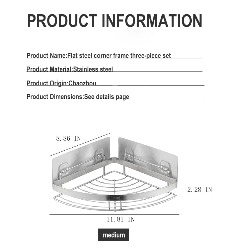 Corner Shower Shelves Stainless Steel, Bathroom Shower Caddy Corner, Adhesive Shower Caddy Basket Rack with Hooks, Rust Proof for Bathroom Shelf Shampoo Holder, for Toilet, Dorm and Kitchen, Silver