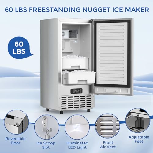 Electactic Commercial Nugget Ice Maker Machine, 66Lbs/Day, Bulit-in Freestanding Under Counter Ice Machine, Self-Cleaning & 24H Timer & LCD Panel Drain Pump, Stainless Steel Ice Maker