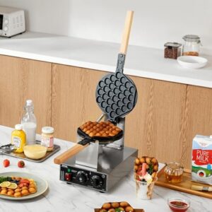 VEVOR Commercial Bubble Waffle Maker, 1400W Egg Pancake Baker Machine, Non-Stick Stainless Steel Egg Bubble Puff, 180° Rotatable, Temp and Time Control, Wooden Handle, for Restaurant Bakery Snack Bar