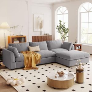 ball & cast 113" modern upholstery convertible sectional sofa with adjustable footrest,cozy reversible chaise couch w/sloped armrest,deep seat design,modular furniture for livingroom home,gray