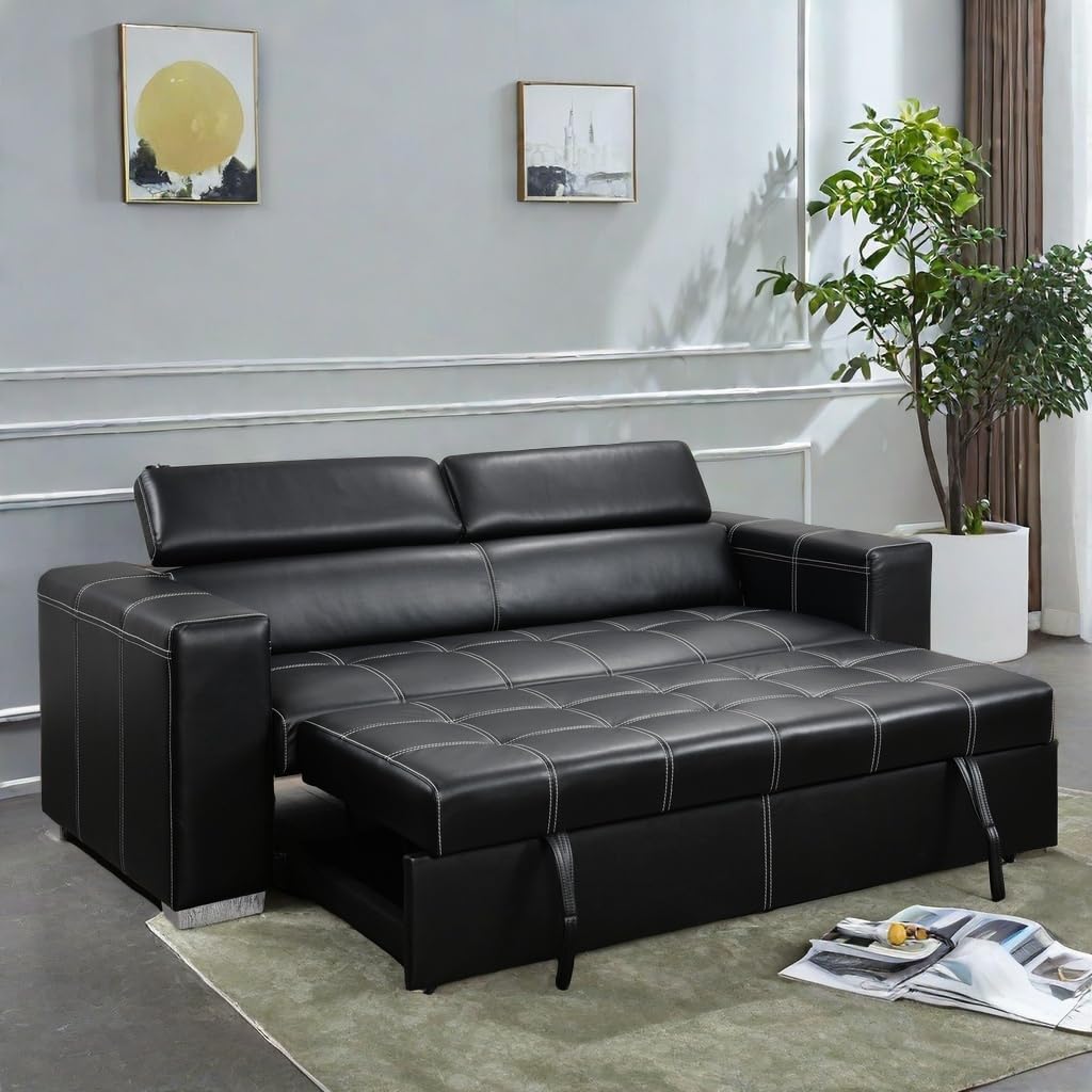 ChicFurnit Sofa Bed,Convertible Sleeper Loveseat with Pull Out Bed,88'' Faux Leather Upholstered Couch Bed with Adjustable Head Pillow and a Comfortable Waist Pillow for Living Room,Bedroom,Black