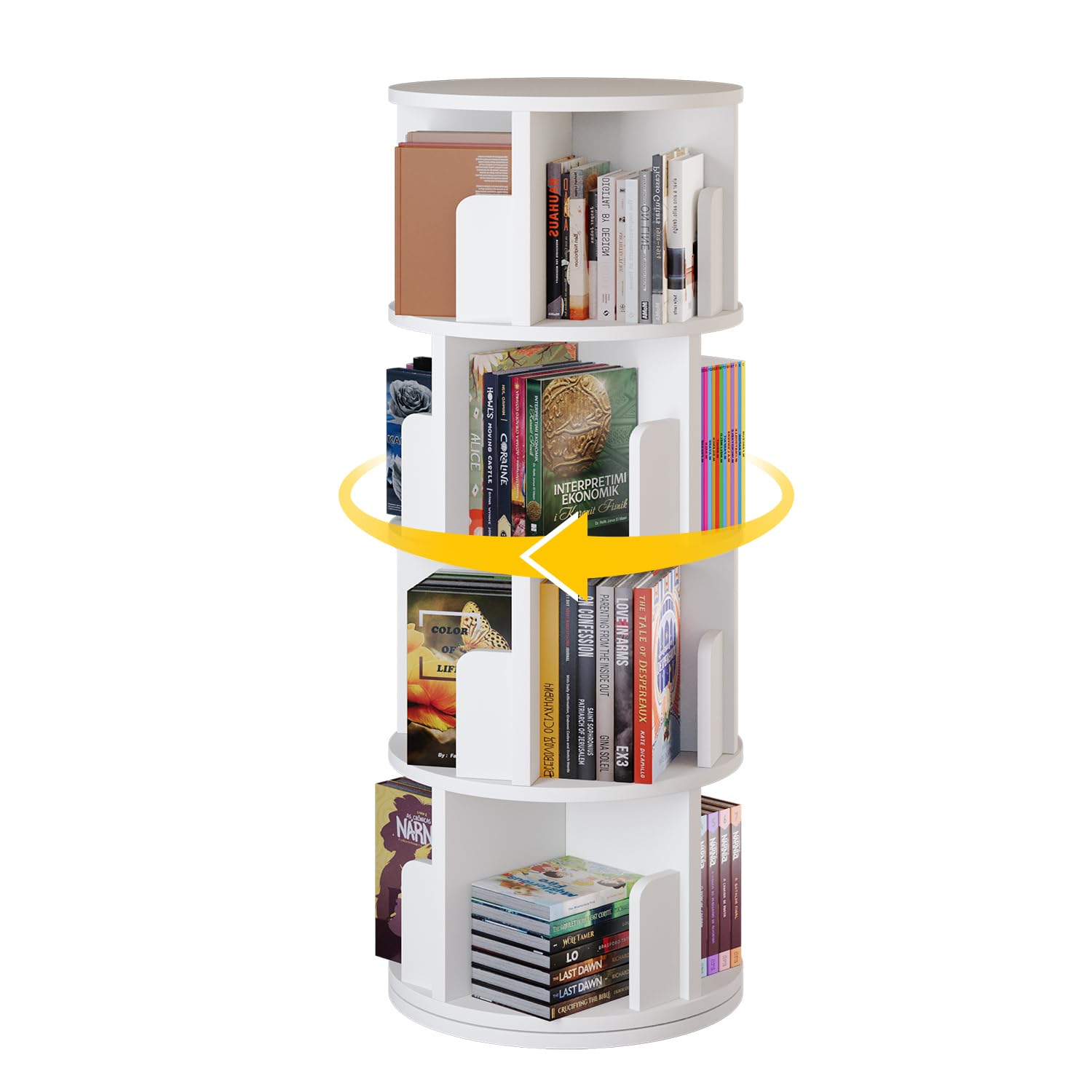 oneinmil Rotating Bookshelf, 360° Rotating Bookcase for Small Space, Corner Bookcase for Bedroom, Living Room, Study Room, 4 Tier, White