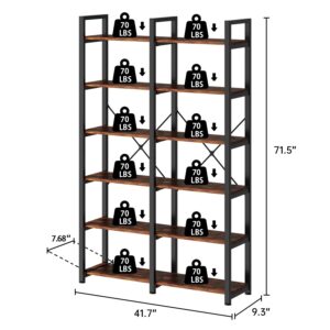 MXV Double Wide Book Shelf, Industrial Bookshelf with Metal Frame, Open Large Book Shelf, Wood and Tall Display Shelves for Home and Office, 6-Tier, Rustic Brown and Black