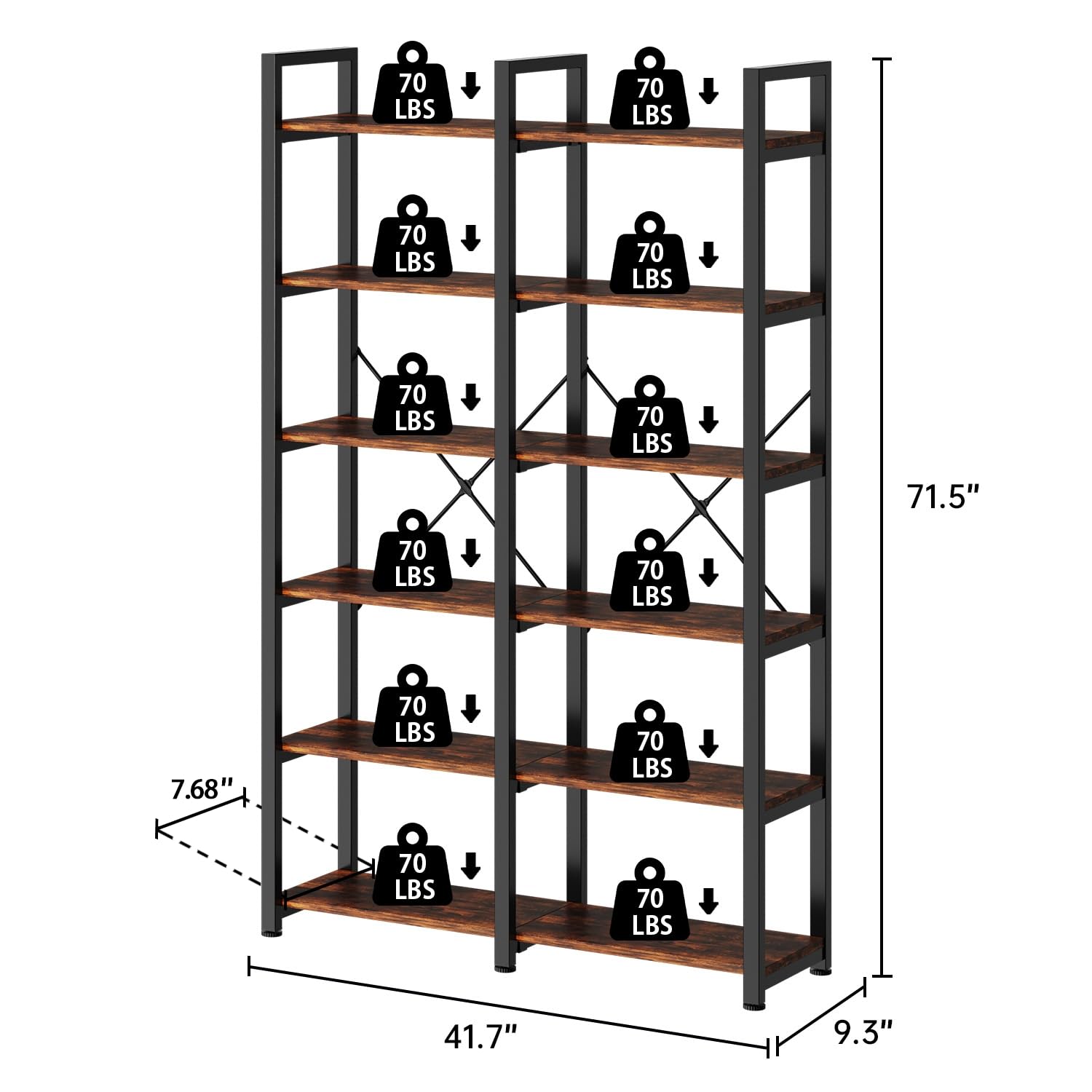 MXV Double Wide Book Shelf, Industrial Bookshelf with Metal Frame, Open Large Book Shelf, Wood and Tall Display Shelves for Home and Office, 6-Tier, Rustic Brown and Black